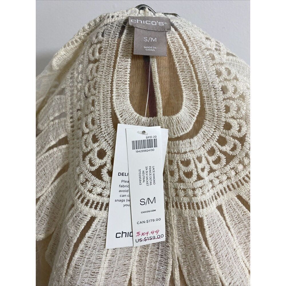Chico's Lace Embroidered Fringe-Detail Kimono Sheer Duster Cream Size S/M NWT - Picture 7 of 9